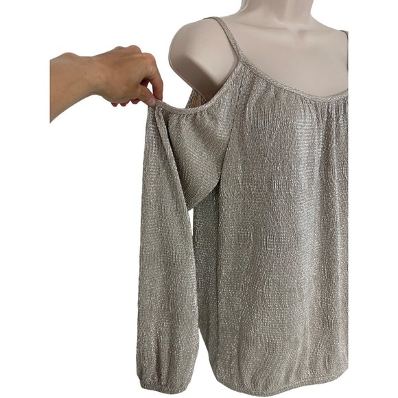 Size Small BOSTON PROPER GOLD/SILVER METALLIC TEXTURED COLD SHOULDER BLOUSON TOP - Picture 1 of 8